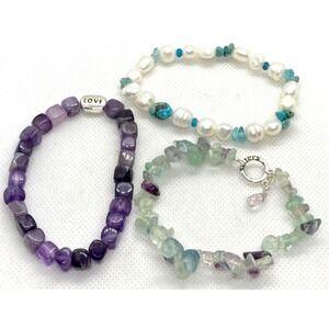Lot of 3 Stretch‎ Bracelet 7'' Sterling 925 Silver Fluorite Amethyst Beaded Boho
